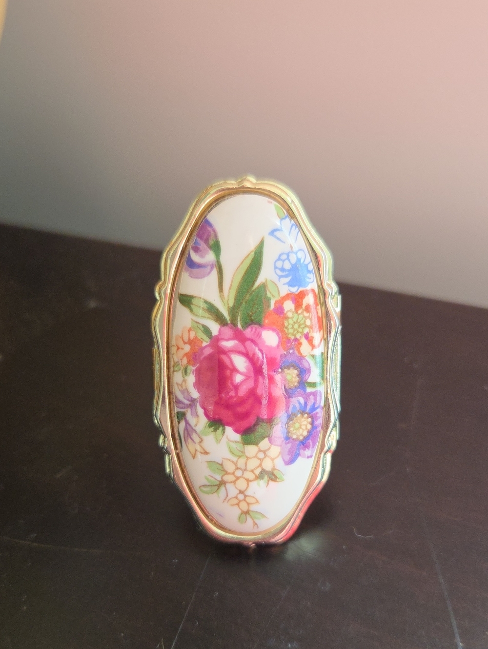 Vintage Japan Floral Porcelain Hidden Mirror Ring Gold Tone Adjustable